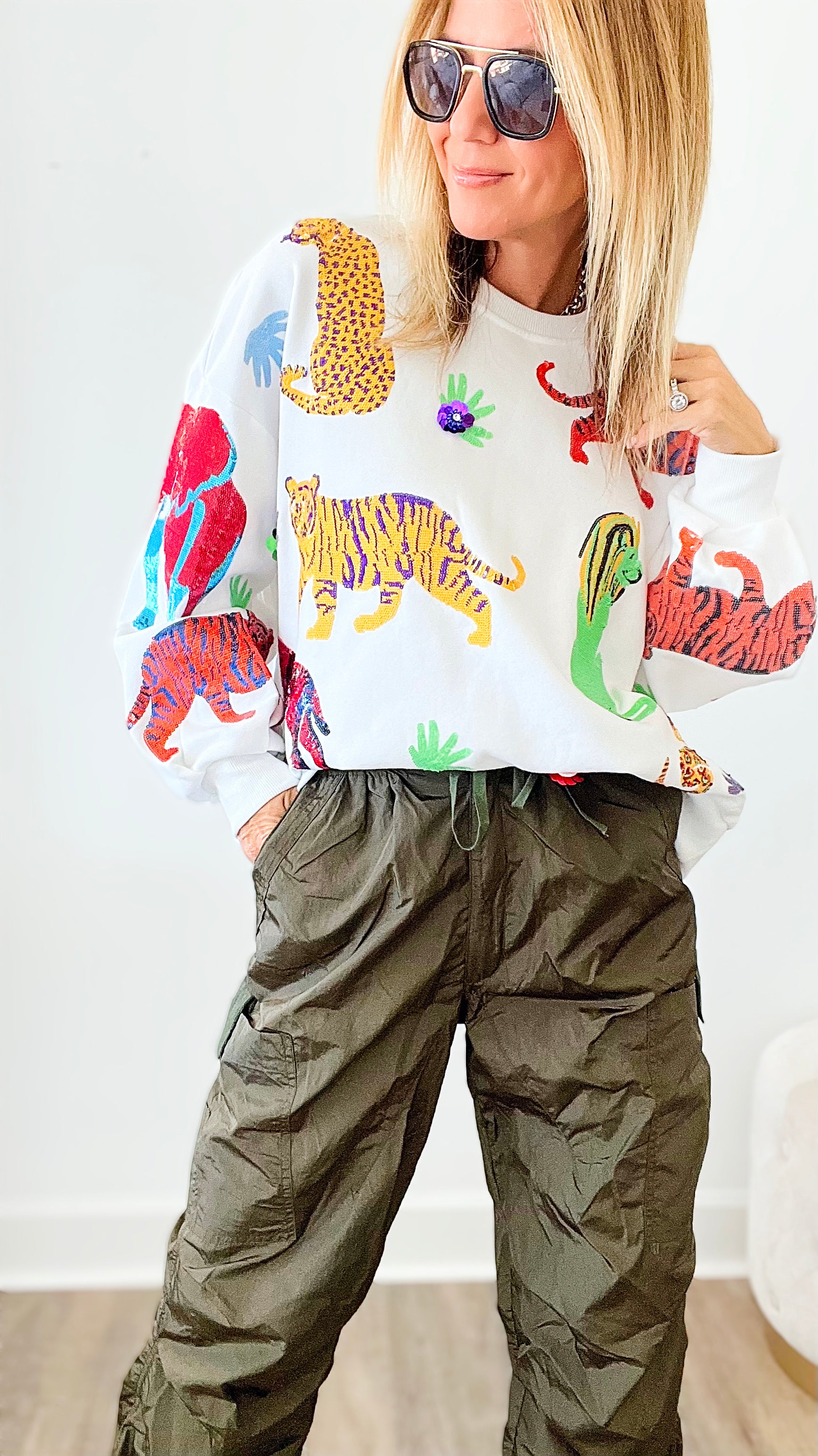 Walk About The Zoo Queen of Sparkles Sequin Sweatshirt - White-130 Long Sleeve Tops-Queen of Sparkles-Coastal Bloom Boutique, find the trendiest versions of the popular styles and looks Located in Indialantic, FL