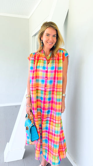 Rainbow Plaid Italian Button Dress