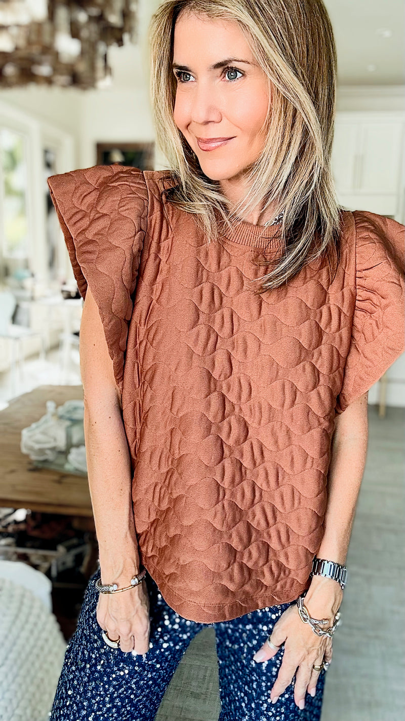 Quilted Ruffle Sleeve Top - Mocha-110 Short Sleeve Tops-Ces Femme-Coastal Bloom Boutique, find the trendiest versions of the popular styles and looks Located in Indialantic, FL