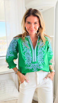 Embroidered Escape V-Neck Top - Green