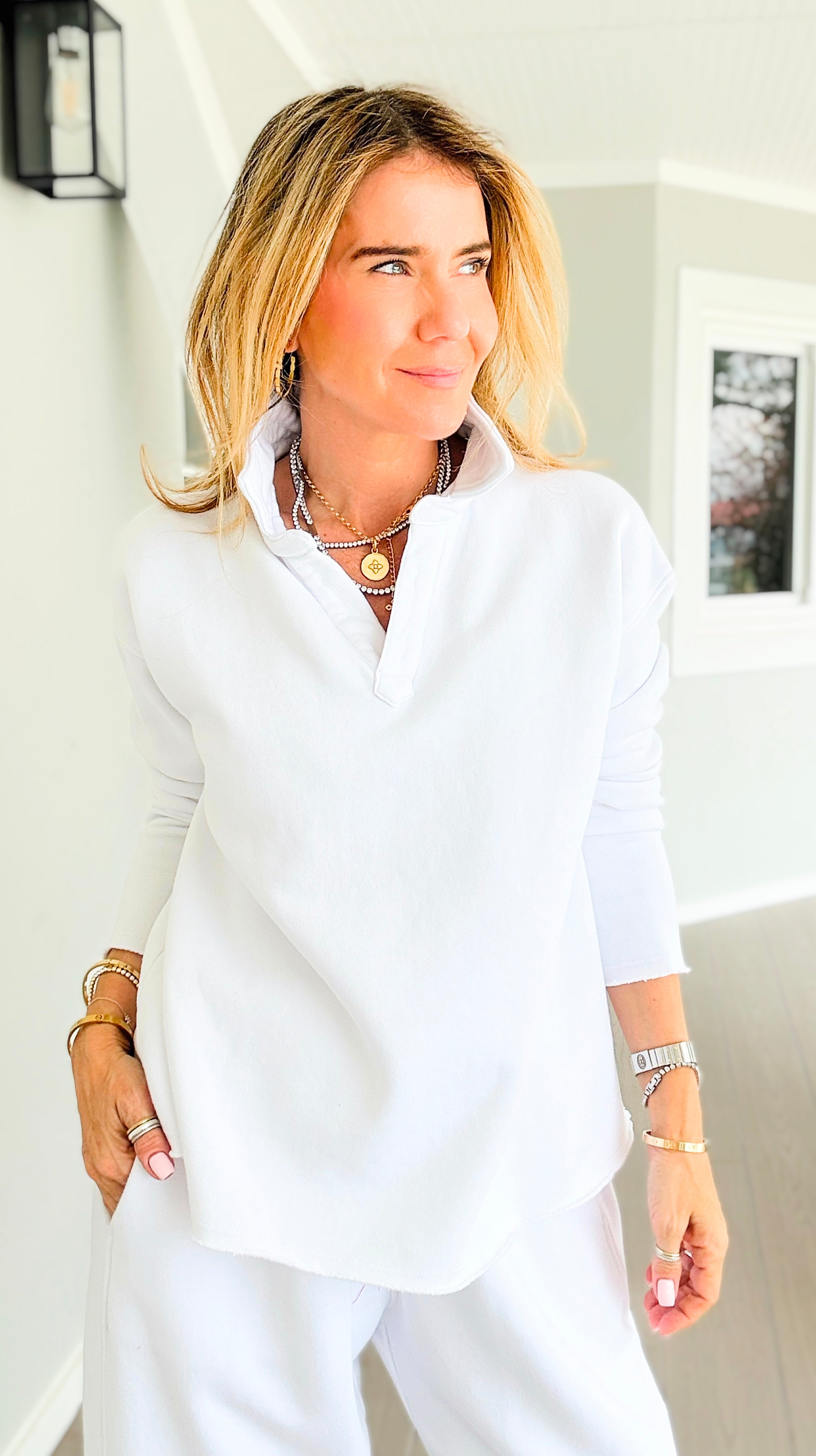 Eileen Collar Pullover Top -  White