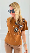 Embellished Floral Appliqué Tee-110 short Sleeve Top-PASTEL DESIGN-Coastal Bloom Boutique, find the trendiest versions of the popular styles and looks Located in Indialantic, FL