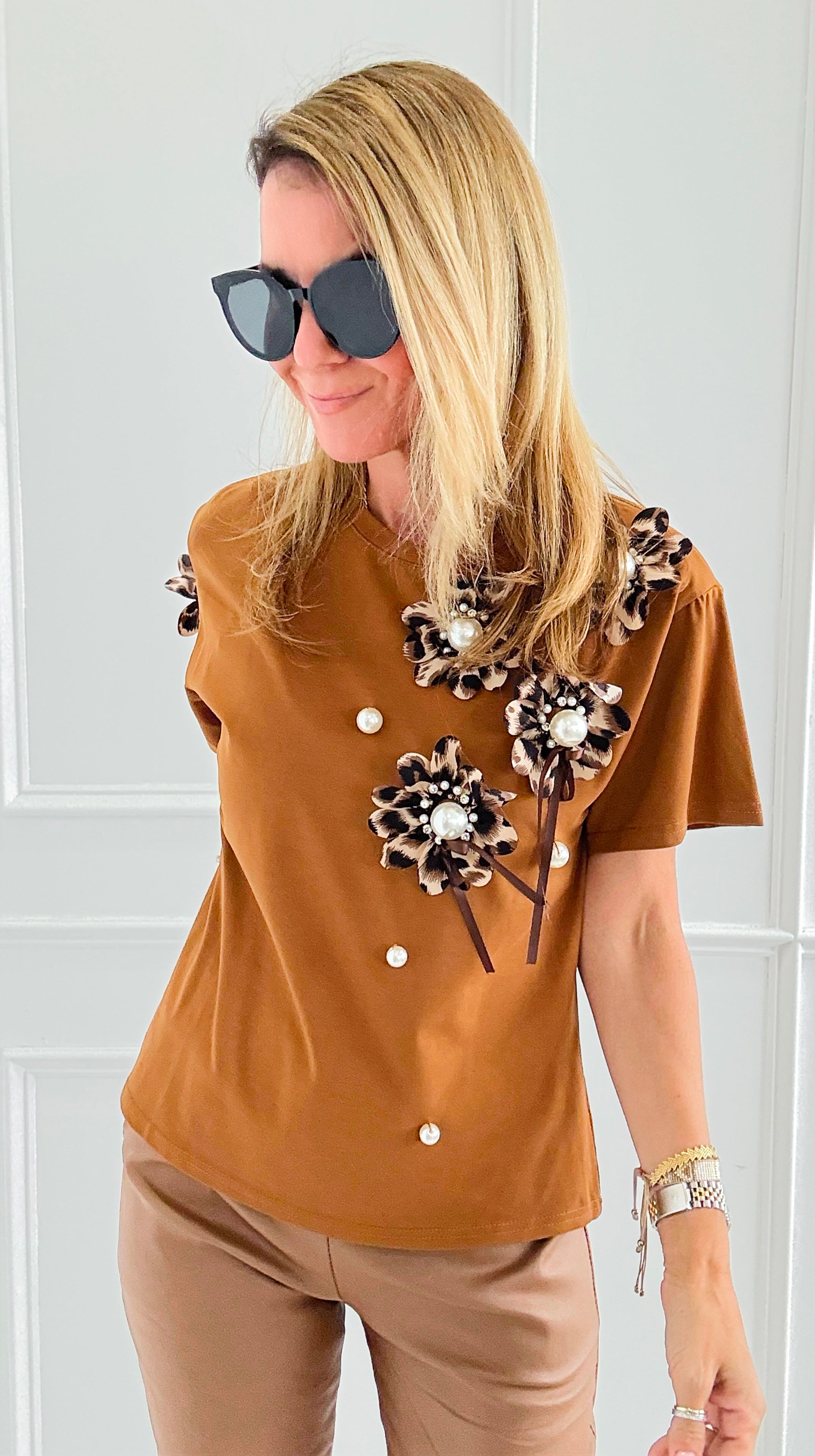 Embellished Floral Appliqué Tee-110 short Sleeve Top-PASTEL DESIGN-Coastal Bloom Boutique, find the trendiest versions of the popular styles and looks Located in Indialantic, FL