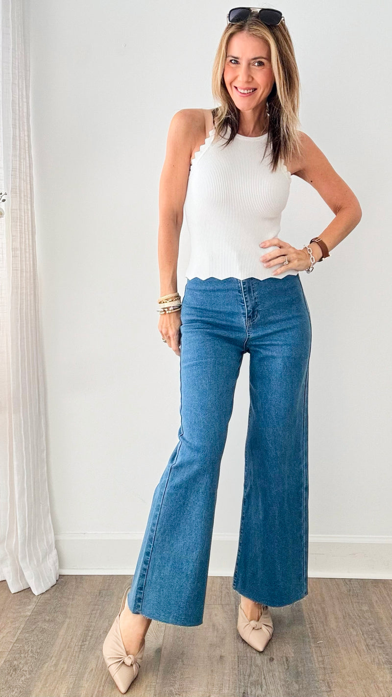 Stretch Wide Leg High Rise Cropped Denim Jean - Medium Denim-170 Bottoms-Anniewear-Coastal Bloom Boutique, find the trendiest versions of the popular styles and looks Located in Indialantic, FL