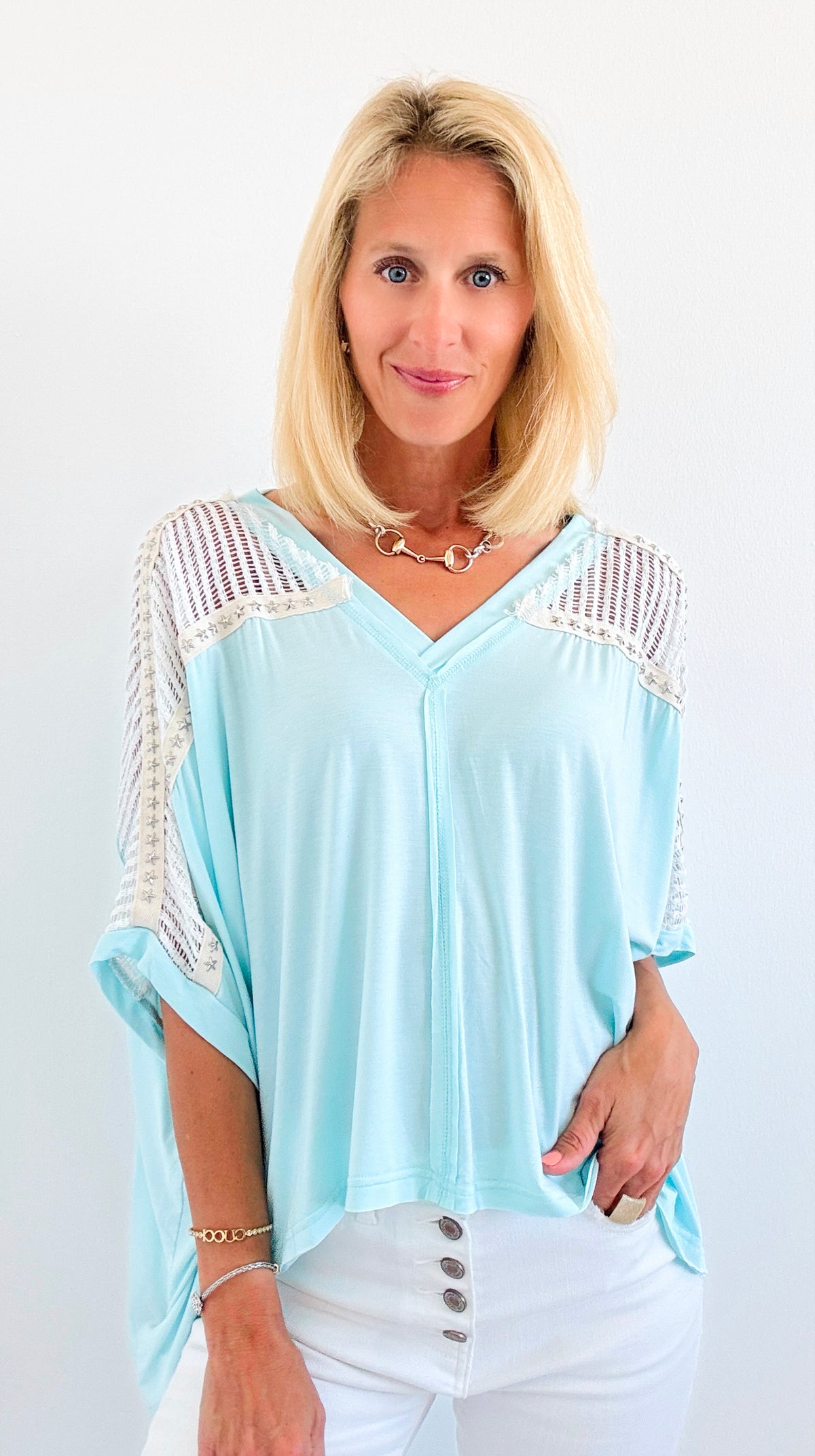 Tropic V-Neck Studded Top - Aqua-110 Long Sleeve Tops-pol-Coastal Bloom Boutique, find the trendiest versions of the popular styles and looks Located in Indialantic, FL