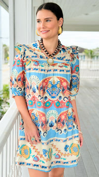 Sunlit Mosaic Ruffle Tie Dress