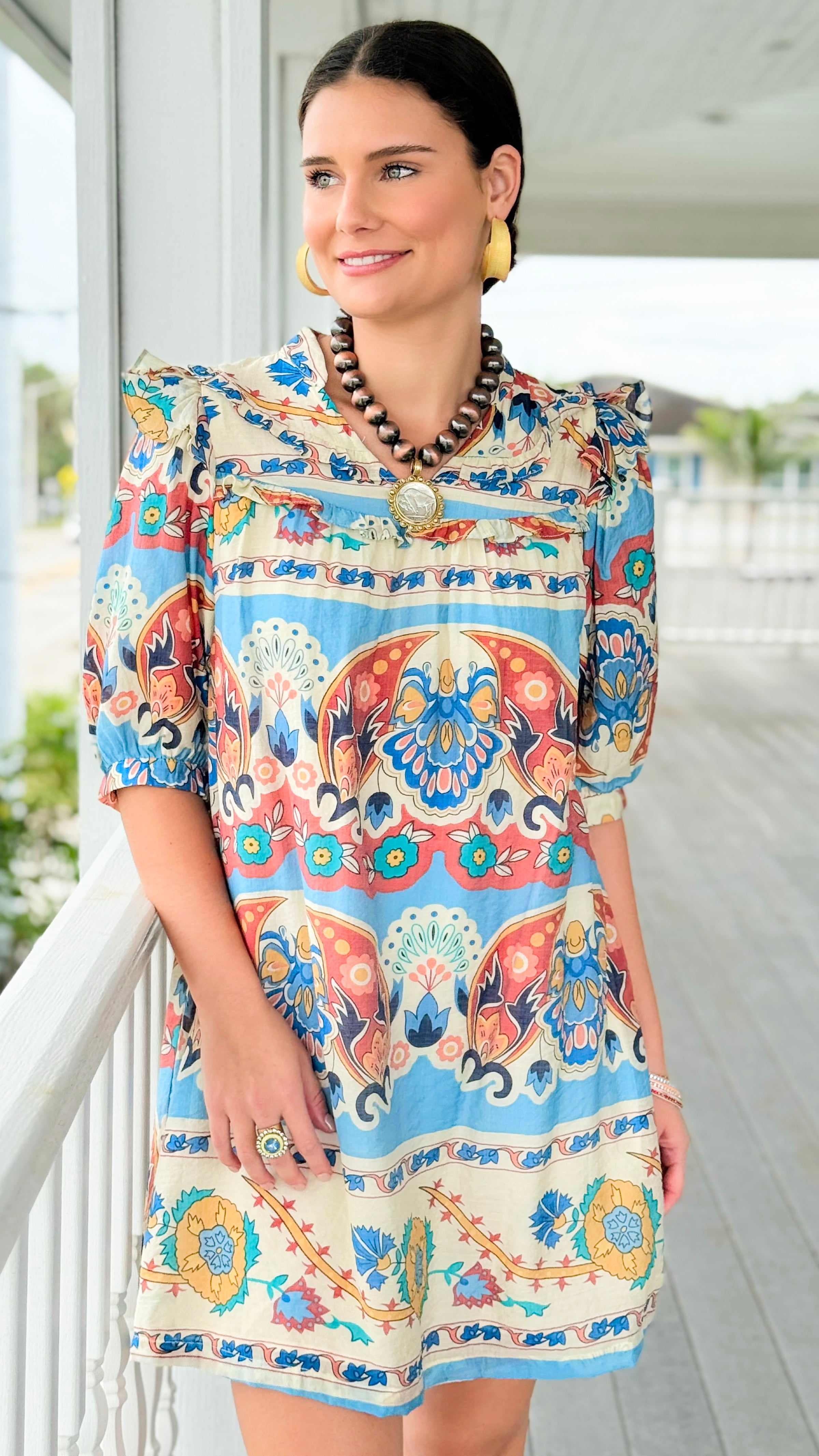 Sunlit Mosaic Ruffle Tie Dress