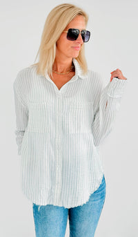 Striped Blouse With Buttons - White-130 Long Sleeve Tops-On Blue-Coastal Bloom Boutique, find the trendiest versions of the popular styles and looks Located in Indialantic, FL