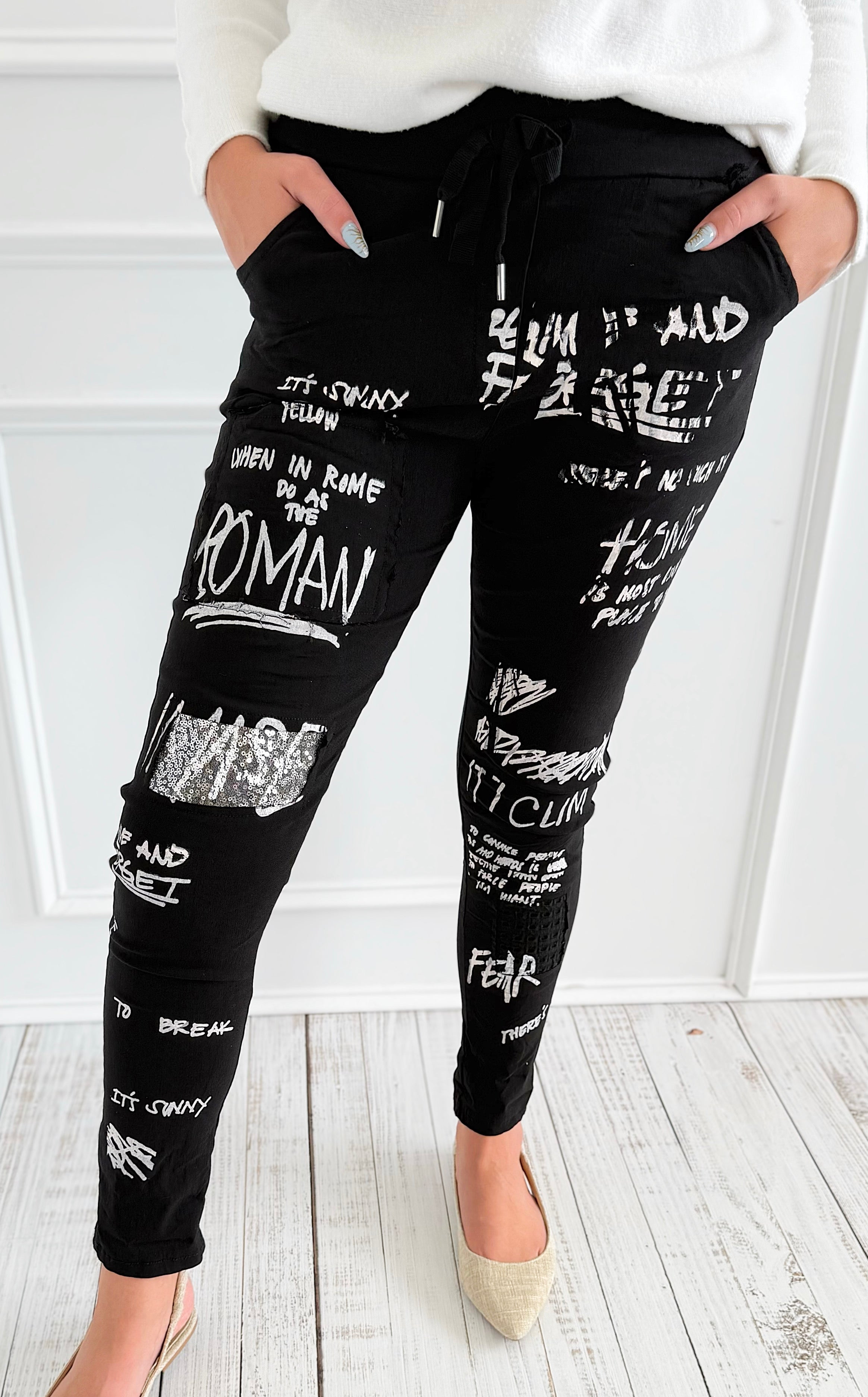 Urban Edge Graphic Italian Jogger- Black-180 Joggers-SUNNY HOLIDAYS-Coastal Bloom Boutique, find the trendiest versions of the popular styles and looks Located in Indialantic, FL
