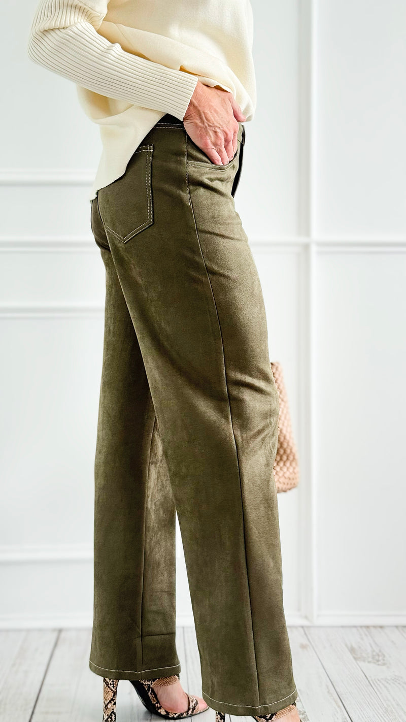 Coastal Luxe Faux Suede Pants - Olive-100 Pants-Tea & Cup-Coastal Bloom Boutique, find the trendiest versions of the popular styles and looks Located in Indialantic, FL