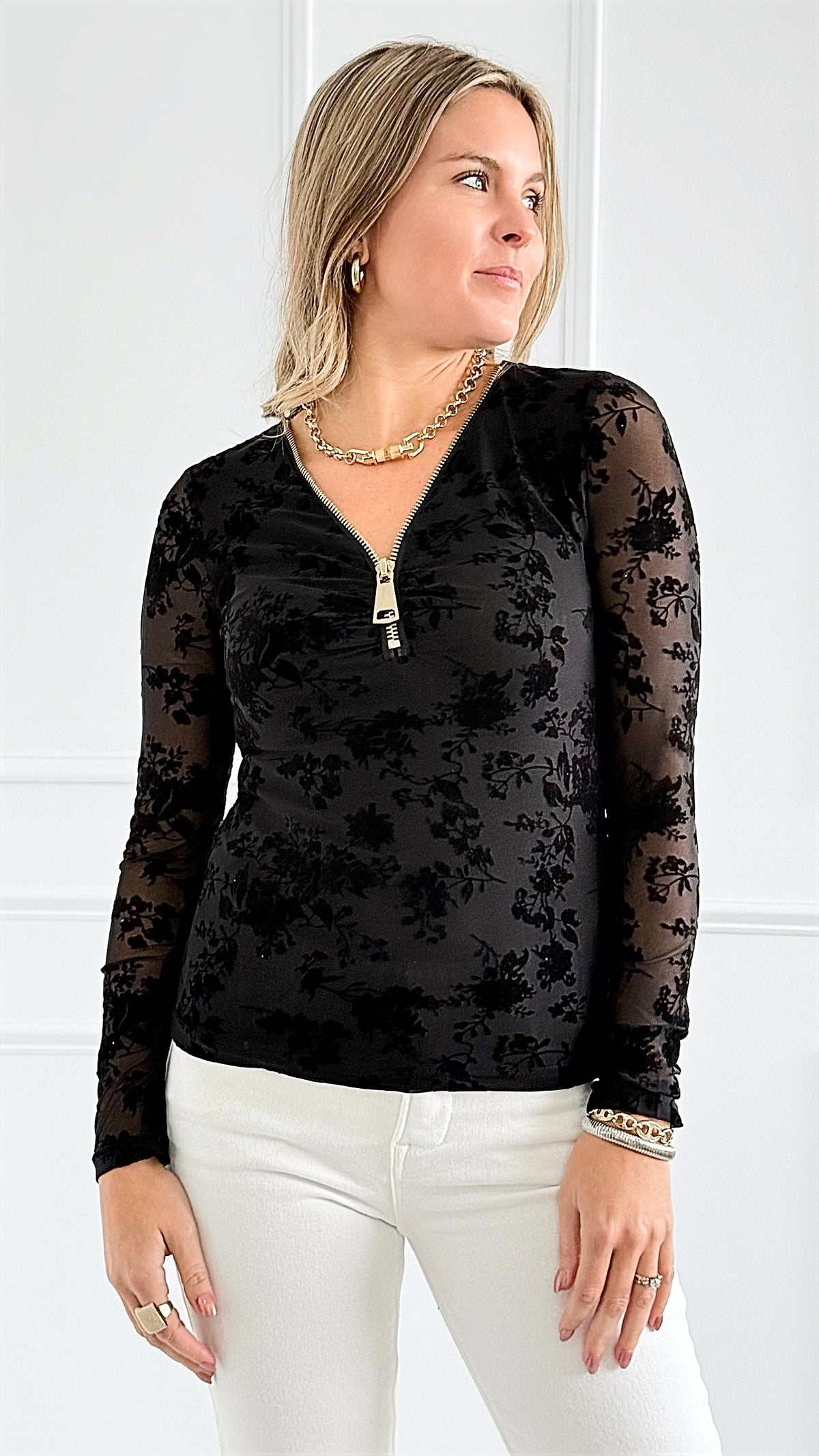 Velvet Floral Mesh Top-130 Long Sleeve Tops-7Mango7-Coastal Bloom Boutique, find the trendiest versions of the popular styles and looks Located in Indialantic, FL