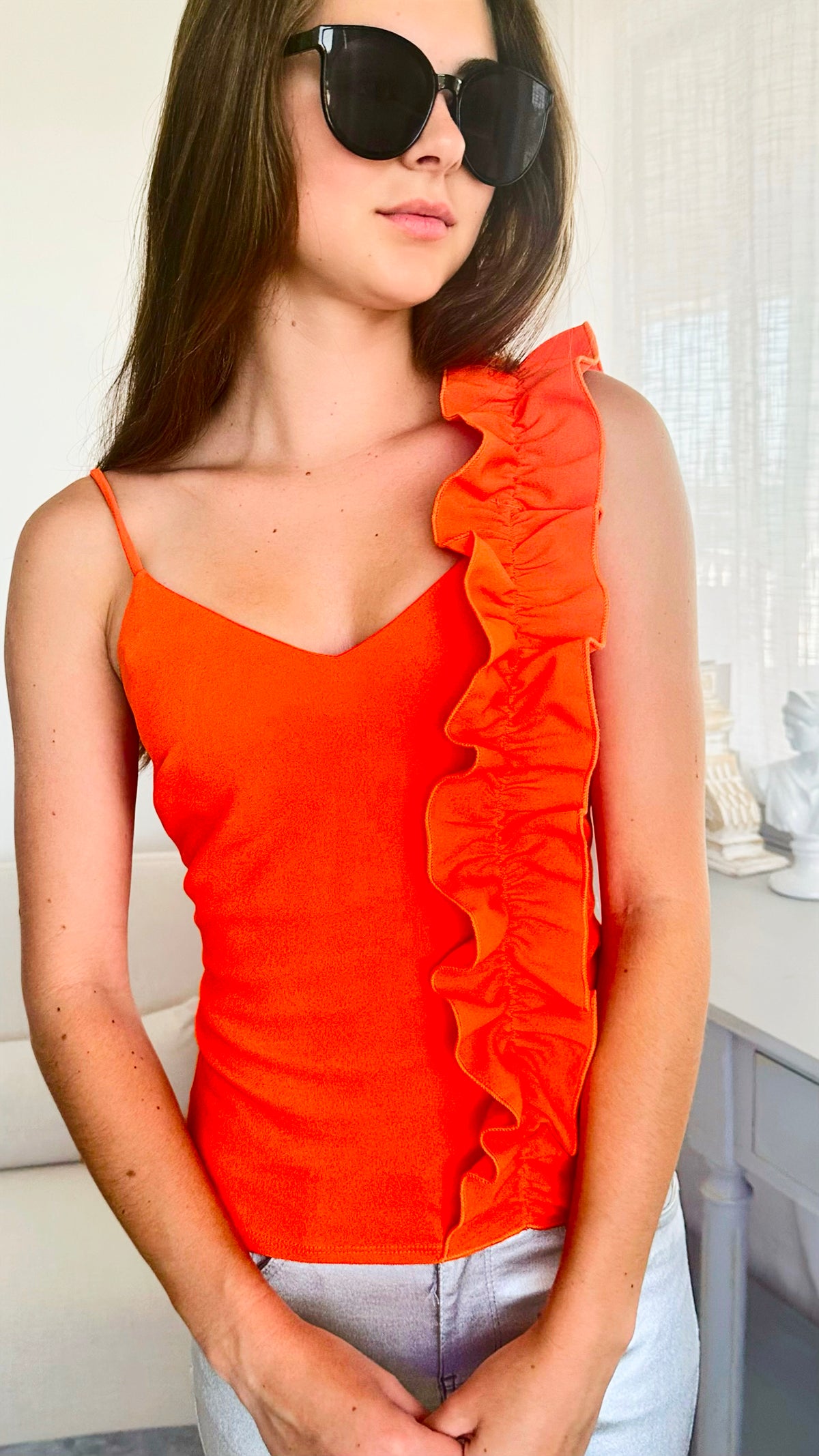 Solid One Shoulder Ruffled Top - Orange-100 Sleeveless Tops-Nylon Apparel-Coastal Bloom Boutique, find the trendiest versions of the popular styles and looks Located in Indialantic, FL