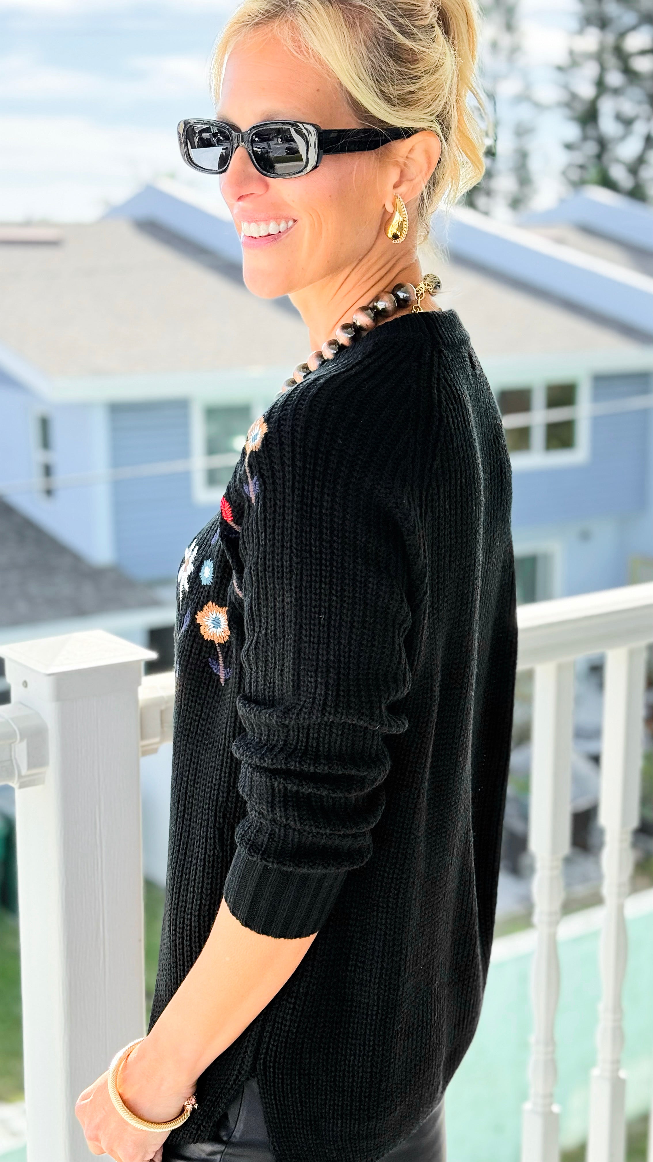 Midnight Meadow Embroidered Sweater-110 Long Sleeve Tops-simi bloom-Coastal Bloom Boutique, find the trendiest versions of the popular styles and looks Located in Indialantic, FL