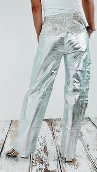 Silver Baggy Cargo Pants-170 Bottoms-Vibrant M.i.U-Coastal Bloom Boutique, find the trendiest versions of the popular styles and looks Located in Indialantic, FL