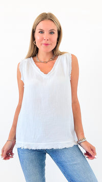 Casual Frayed V-Neck Top - White-100 Sleeveless Tops-Zenana-Coastal Bloom Boutique, find the trendiest versions of the popular styles and looks Located in Indialantic, FL