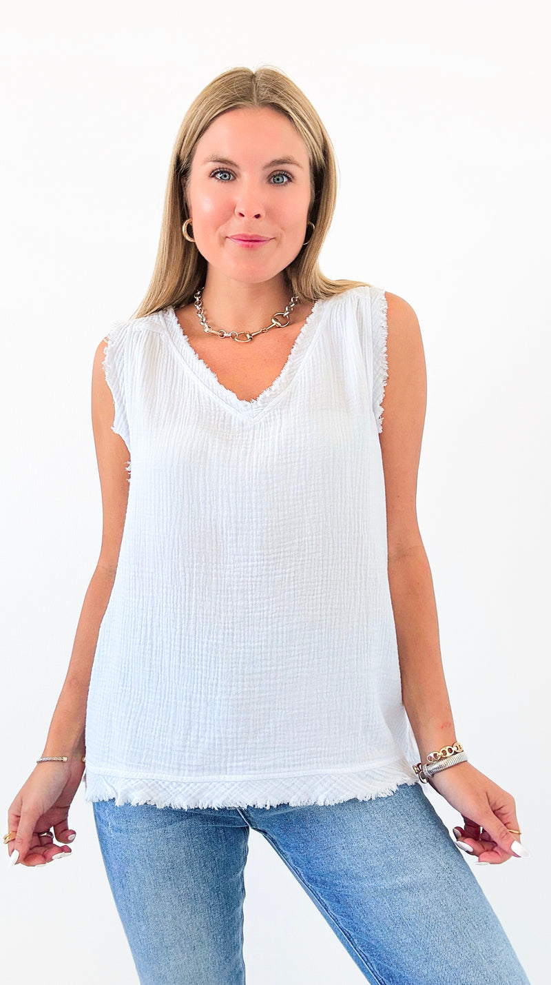 Casual Frayed V-Neck Top - White-100 Sleeveless Tops-Zenana-Coastal Bloom Boutique, find the trendiest versions of the popular styles and looks Located in Indialantic, FL