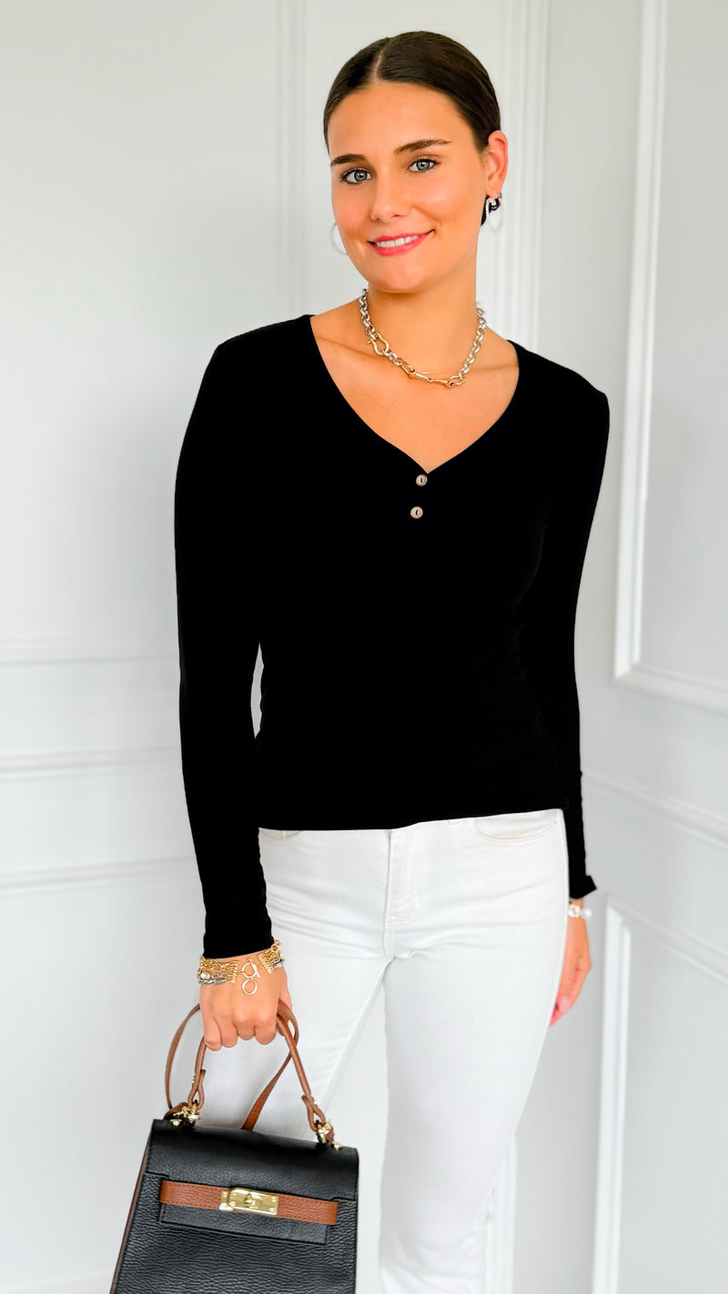 Button Me Up Ribbed Top - Black-130 Long Sleeve Tops-YELETE-Coastal Bloom Boutique, find the trendiest versions of the popular styles and looks Located in Indialantic, FL