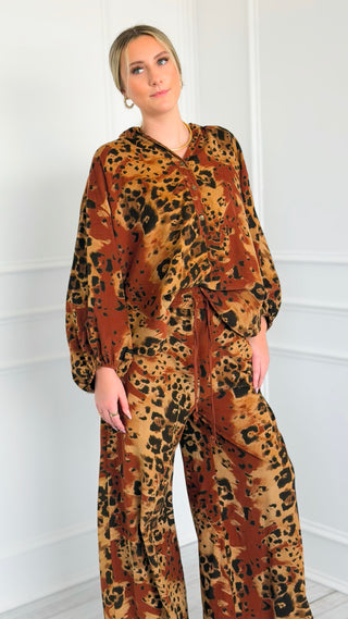Spiced Leopard Wide Leg Italian Pant- Rust