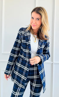 Heritage Plaid Long Blazer - Navy-160 Jackets-Must Have-Coastal Bloom Boutique, find the trendiest versions of the popular styles and looks Located in Indialantic, FL