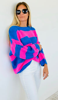 Striped Bubble Sleeve Knitted Sweater - Blue & Pink-140 Sweaters-Miracle-Coastal Bloom Boutique, find the trendiest versions of the popular styles and looks Located in Indialantic, FL