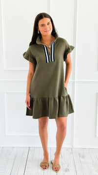 Jet Set Go Quilted Zip Mini Dress - Olive-200 Dresses/Jumpsuits/Rompers-she + sky-Coastal Bloom Boutique, find the trendiest versions of the popular styles and looks Located in Indialantic, FL