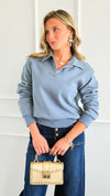 Whispered Grace Polo Top - Dusty Blue-130 Long Sleeve Tops-Rosio-Coastal Bloom Boutique, find the trendiest versions of the popular styles and looks Located in Indialantic, FL