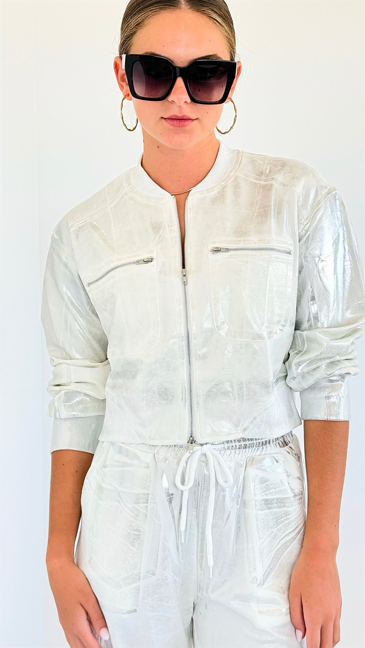 Metallic Cropped Jacket - White-160 Jackets-KIWI-Coastal Bloom Boutique, find the trendiest versions of the popular styles and looks Located in Indialantic, FL