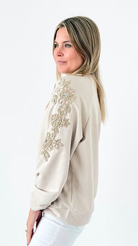 Ornate Blossom Sleeve Italian Sweater- Beige-140 Sweaters-Italianissimo-Coastal Bloom Boutique, find the trendiest versions of the popular styles and looks Located in Indialantic, FL