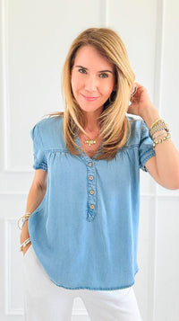 Relaxed V-Neck Chambray Top-110 Short Sleeve Tops-Blu Pepper-Coastal Bloom Boutique, find the trendiest versions of the popular styles and looks Located in Indialantic, FL