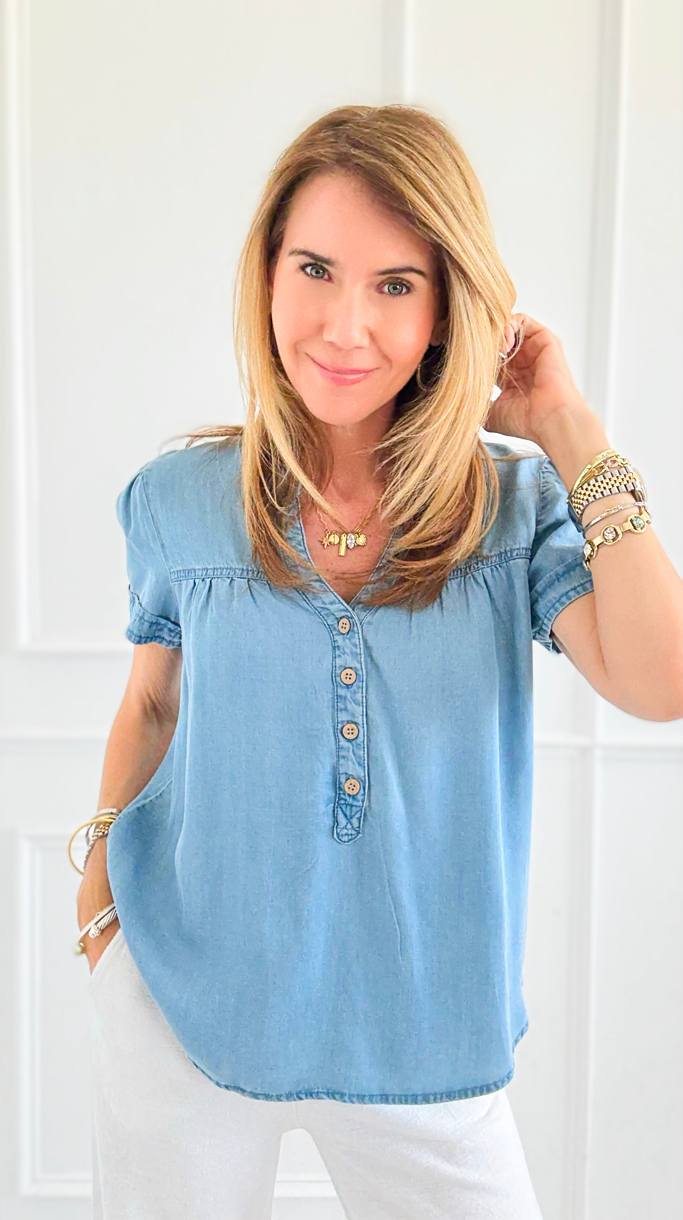 Relaxed V-Neck Chambray Top-110 Short Sleeve Tops-Blu Pepper-Coastal Bloom Boutique, find the trendiest versions of the popular styles and looks Located in Indialantic, FL