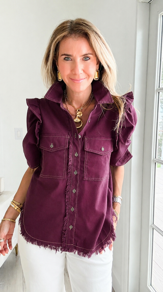 Linen Ruffle Button-Up Shirt - Plum