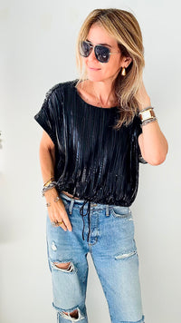 Onyx Metallic Pleated Tie Waist Blouse - Black-110 Short Sleeve Tops-Glam-Coastal Bloom Boutique, find the trendiest versions of the popular styles and looks Located in Indialantic, FL