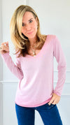 Recoleta Lurex Trim Italian Top - Dusty Rose-130 Long Sleeve Tops-Italianissimo-Coastal Bloom Boutique, find the trendiest versions of the popular styles and looks Located in Indialantic, FL