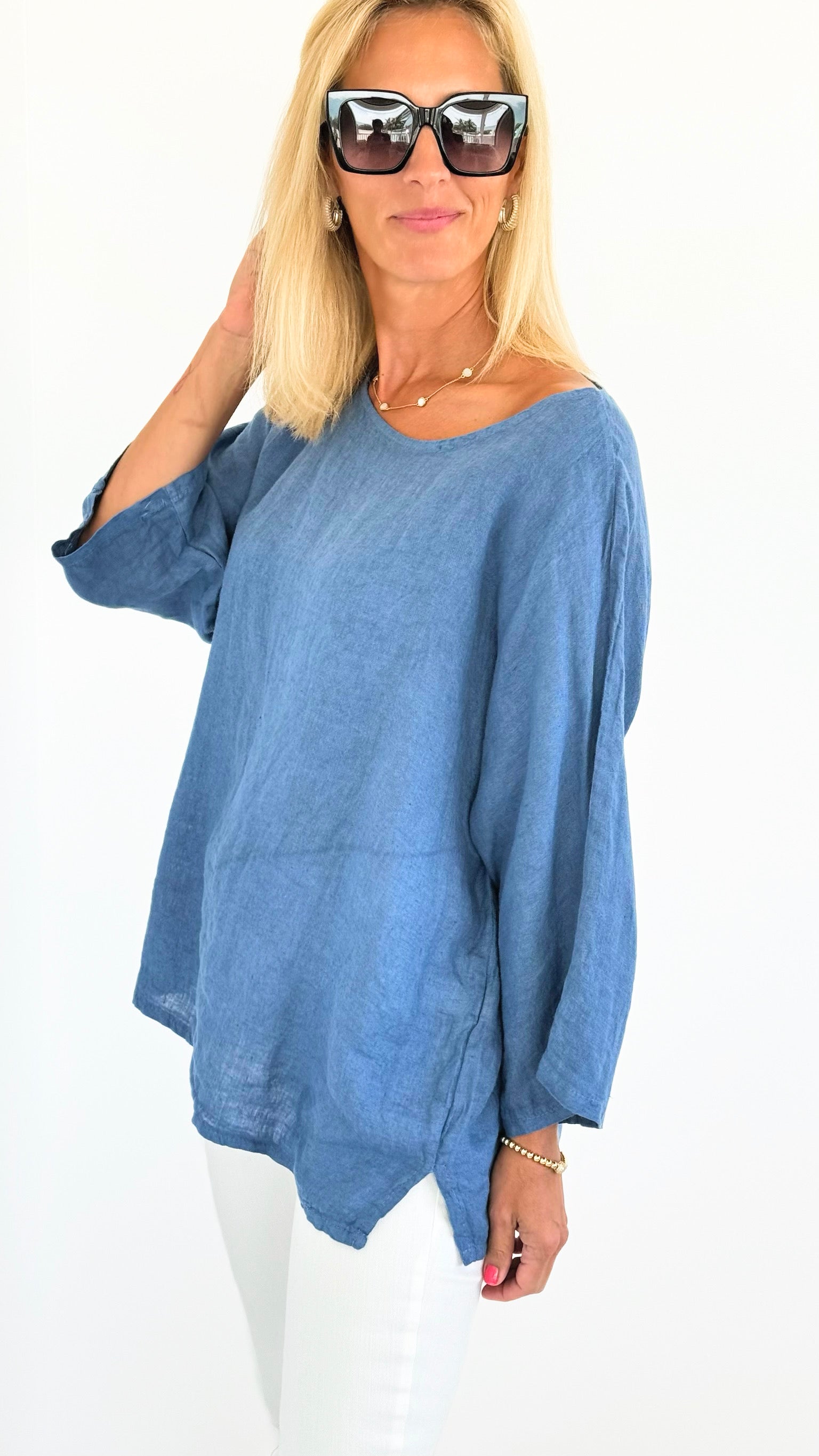 Coastal Charm Italian Linen Top - Steel Blue-100 Sleeveless Tops-Italianissimo-Coastal Bloom Boutique, find the trendiest versions of the popular styles and looks Located in Indialantic, FL