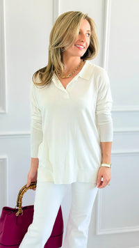 Polished Collar Knit Polo Top - Ivory-130 Long Sleeve Tops-ROUSSEAU-Coastal Bloom Boutique, find the trendiest versions of the popular styles and looks Located in Indialantic, FL