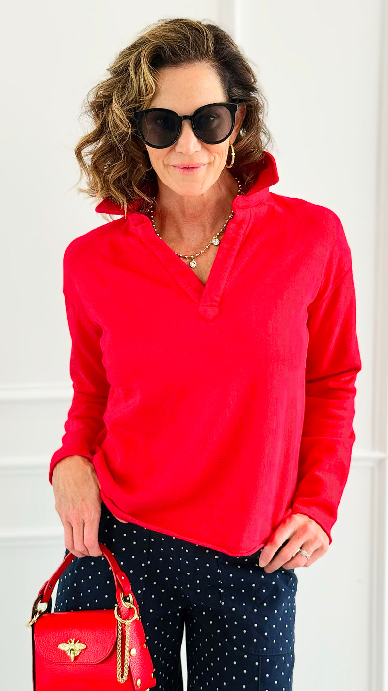 Eileen Cozy Lounge Collar Pullover Top - Cherry-110 Long Sleeve Tops-MONO B-Coastal Bloom Boutique, find the trendiest versions of the popular styles and looks Located in Indialantic, FL