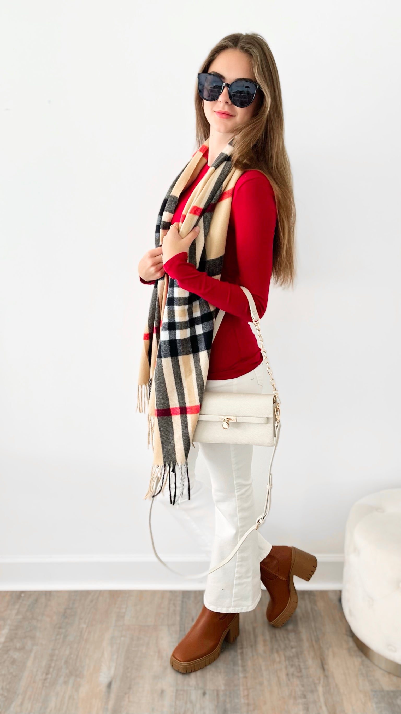Plaid Print Fringe Scarf - Beige-260 Other Accessories-ICCO ACCESSORIES-Coastal Bloom Boutique, find the trendiest versions of the popular styles and looks Located in Indialantic, FL