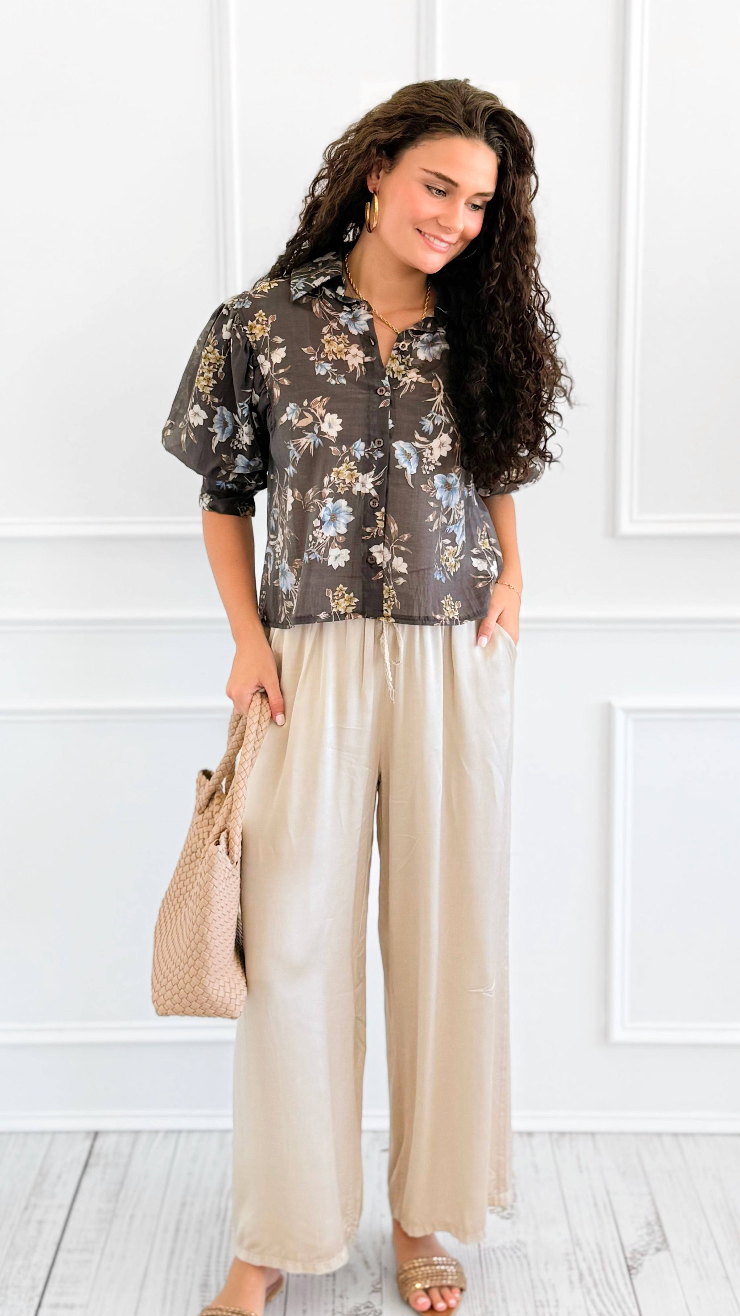Botanical Romance Puff Sleeve Italian Button Down Top-110 short Sleeve Top-AZUL MONACO-Coastal Bloom Boutique, find the trendiest versions of the popular styles and looks Located in Indialantic, FL