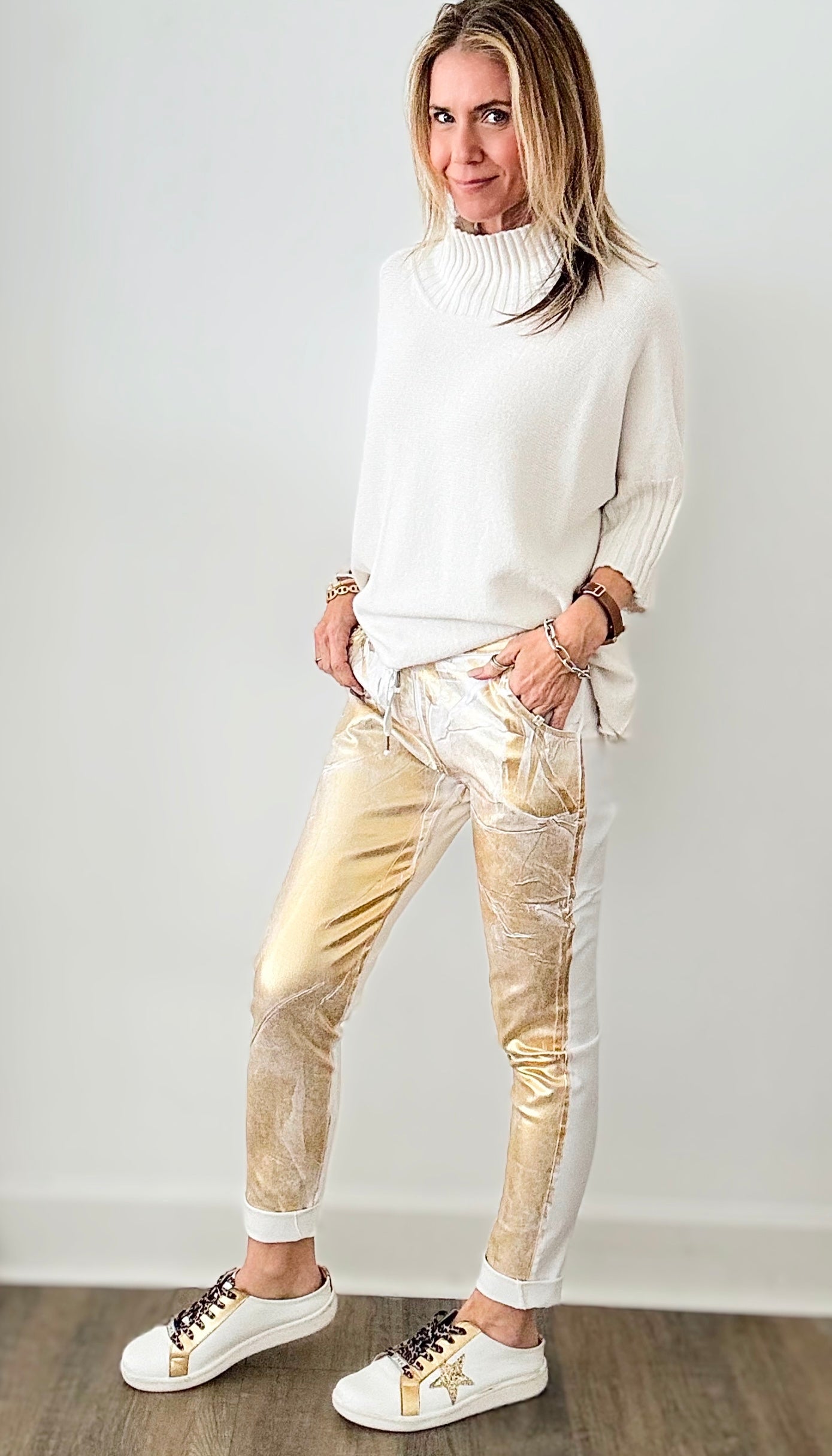Glistening Gold Foil Italian Joggers - Off White-180 Joggers-moda italia-Coastal Bloom Boutique, find the trendiest versions of the popular styles and looks Located in Indialantic, FL