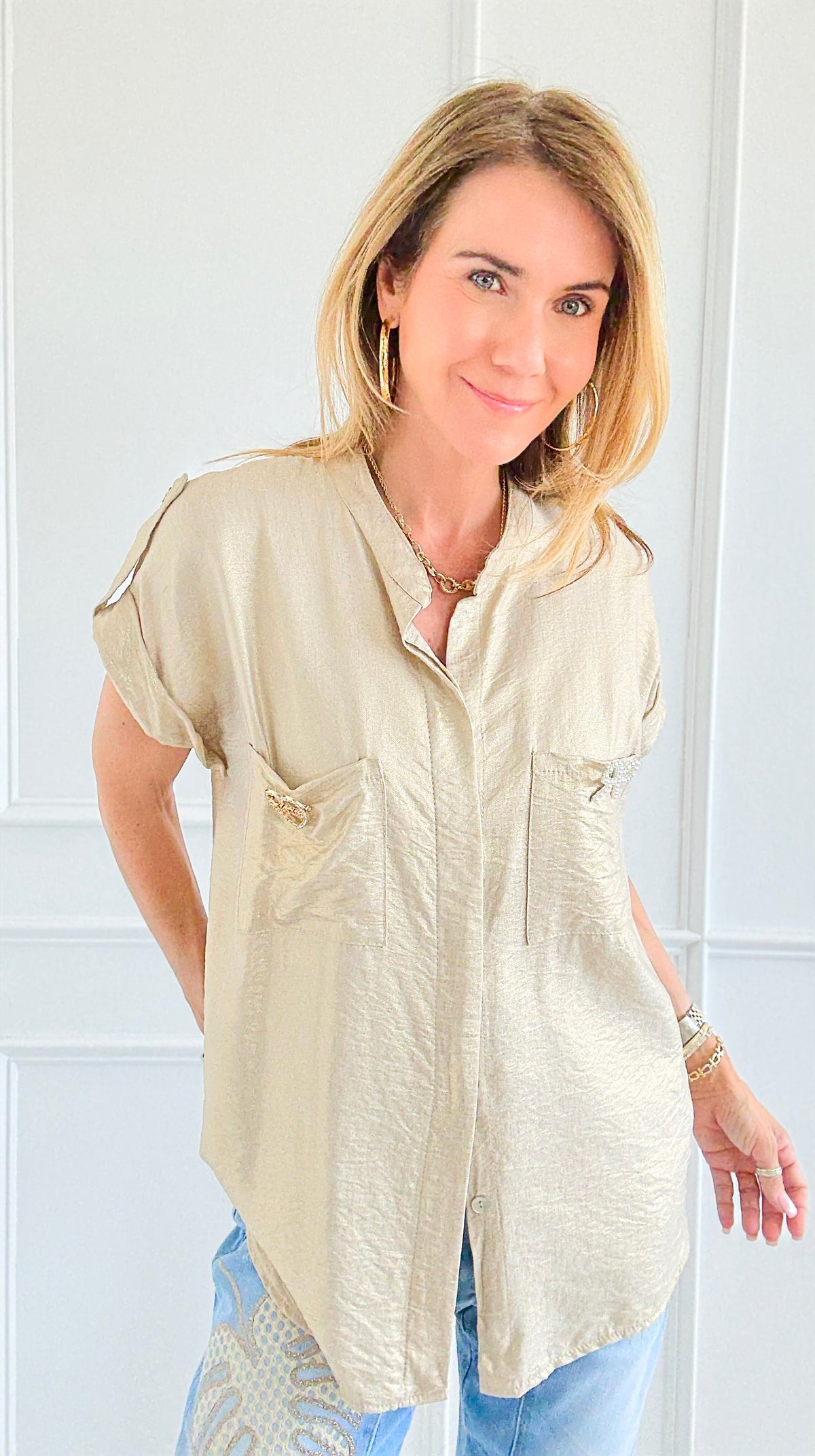 Golden Charm Italian Button Top-170 Bottoms-SEÑORITA C-Coastal Bloom Boutique, find the trendiest versions of the popular styles and looks Located in Indialantic, FL