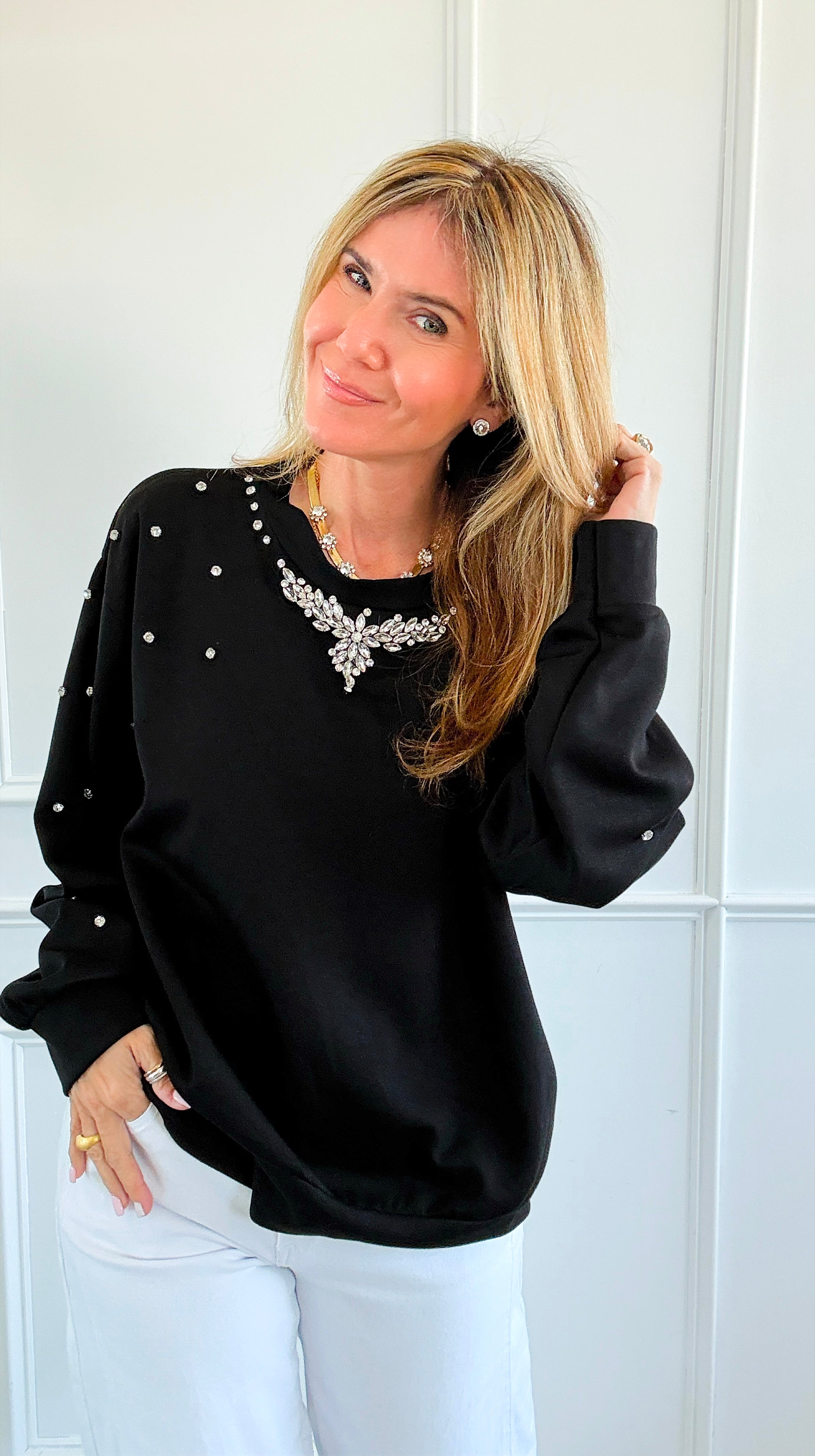Embellished Detail Italian Sweater- Black