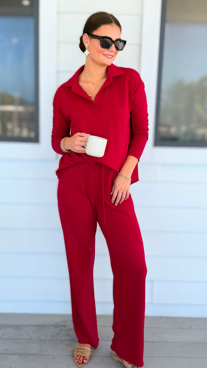 Chic & Cozy Eileen French Terry Pant Set - Cranberry-210 Loungewear/sets-EC COLLECTION INC-Coastal Bloom Boutique, find the trendiest versions of the popular styles and looks Located in Indialantic, FL