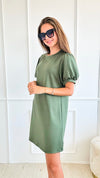 Classic Charm Italian Puff Sleeve Dress - Olive-200 dresses/jumpsuits/rompers-Italianissimo-Coastal Bloom Boutique, find the trendiest versions of the popular styles and looks Located in Indialantic, FL