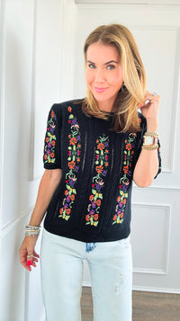 Embroidered Short-Sleeved Crew Neck Sweater - Black-140 Sweaters-BIBI-Coastal Bloom Boutique, find the trendiest versions of the popular styles and looks Located in Indialantic, FL