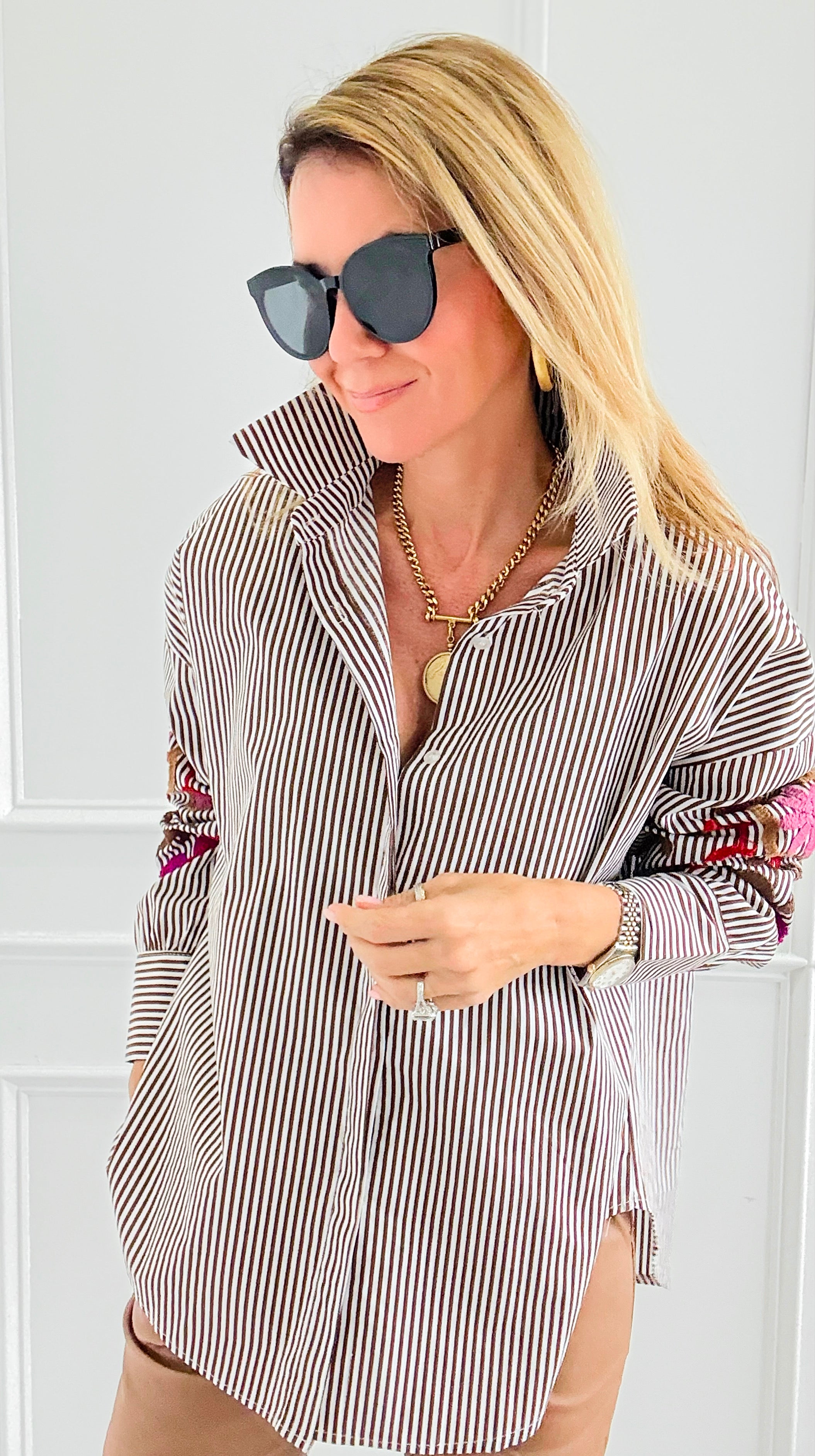 Striped & Bloom Embroidery Sleeve Italian Blouse-110 Long Sleeve Tops-TATTOO Z-Coastal Bloom Boutique, find the trendiest versions of the popular styles and looks Located in Indialantic, FL