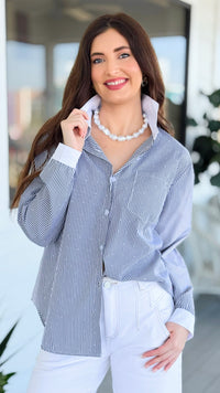 Detail Shine Striped Italian Button Top- Black/White