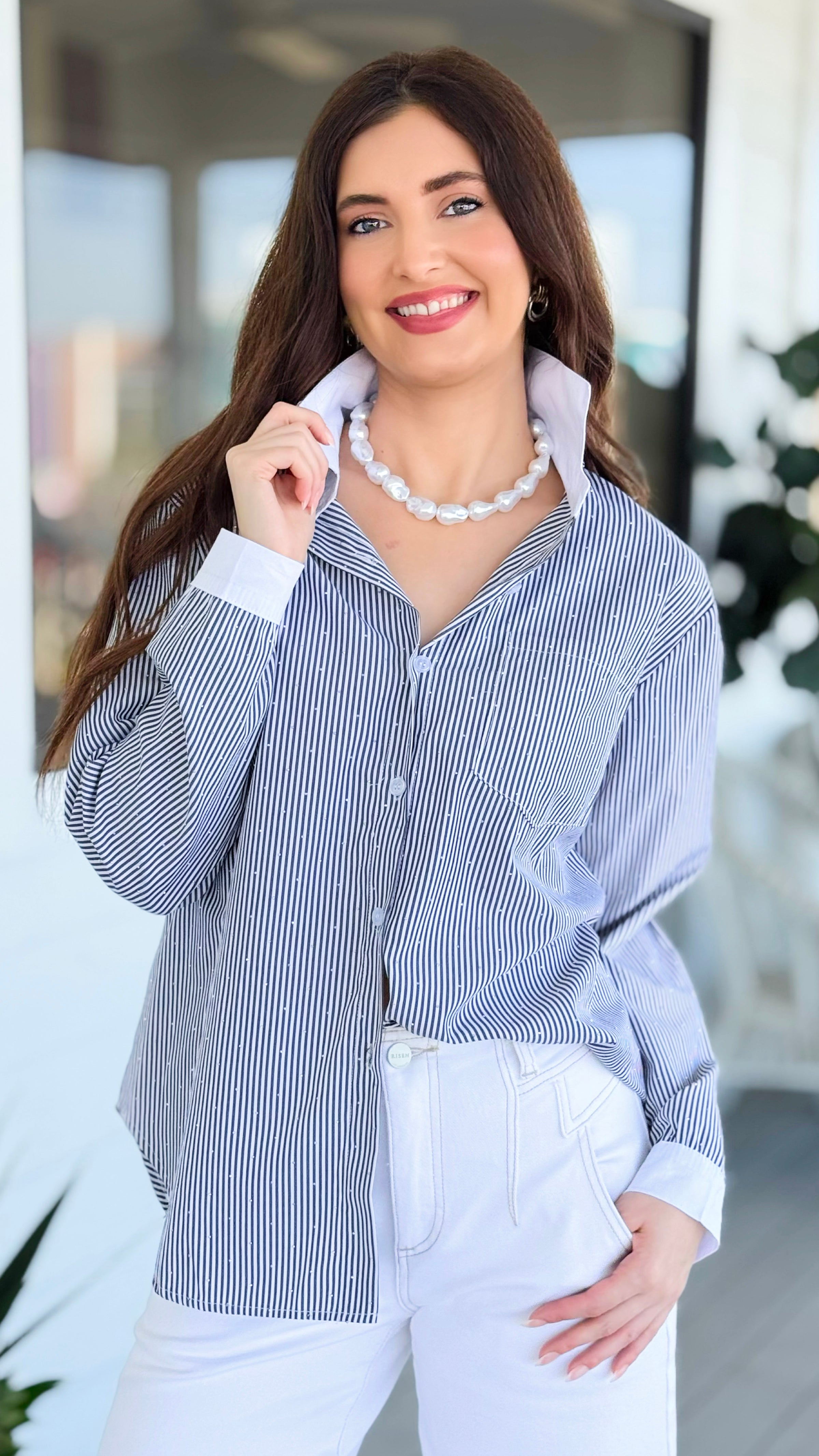 Detail Shine Striped Italian Button Top- Black/White