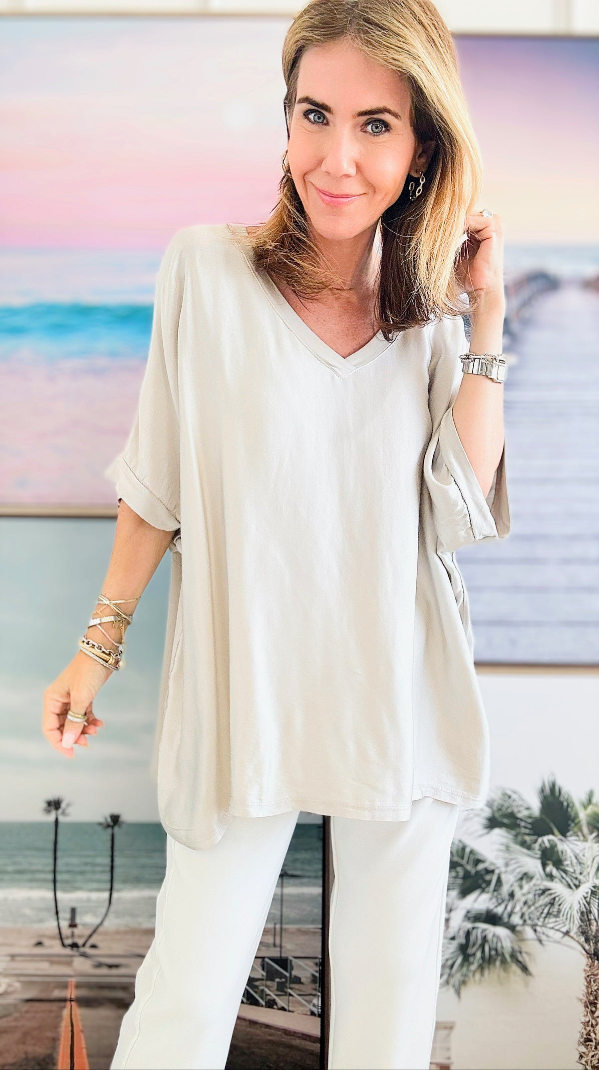 Timeless Italian Blouse - Sand Beige-110 Short Sleeve Tops-Italianissimo-Coastal Bloom Boutique, find the trendiest versions of the popular styles and looks Located in Indialantic, FL