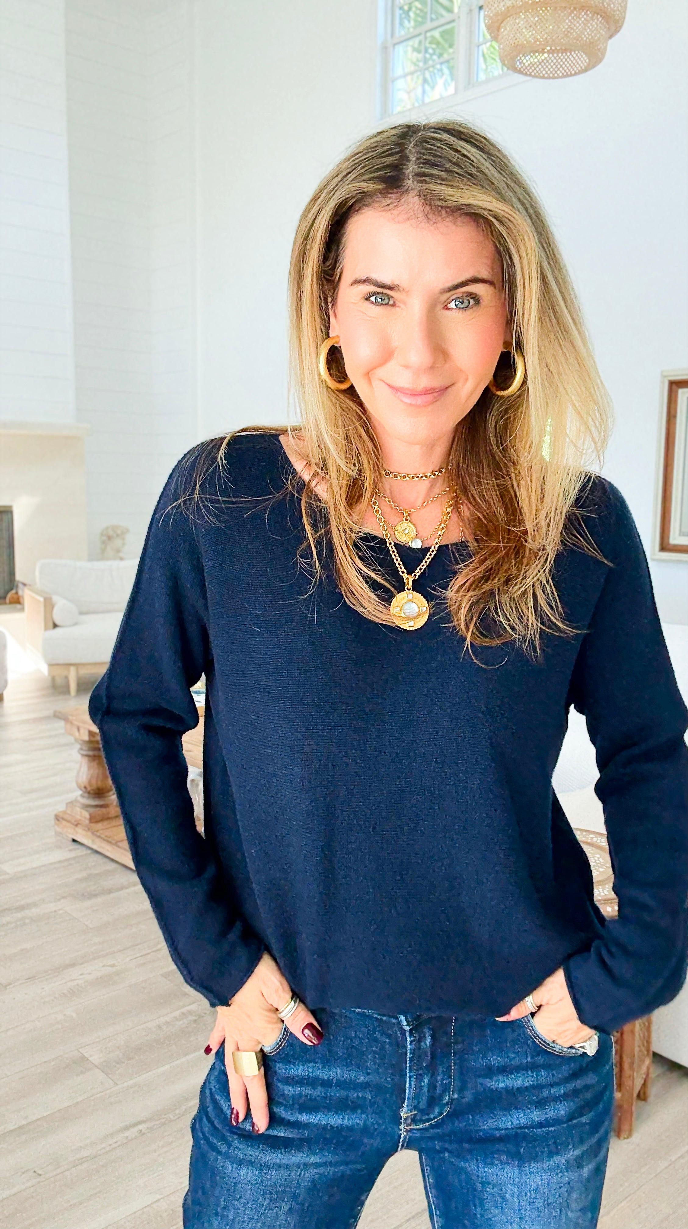 Soho Italian Boatneck Pullover - Navy-140 Sweaters-Italianissimo-Coastal Bloom Boutique, find the trendiest versions of the popular styles and looks Located in Indialantic, FL