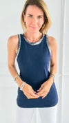 Metallic Foil Detailed Ribbed Italian Tank- Silver/Navy-100 Sleeveless Tops-Italianissimo-Coastal Bloom Boutique, find the trendiest versions of the popular styles and looks Located in Indialantic, FL